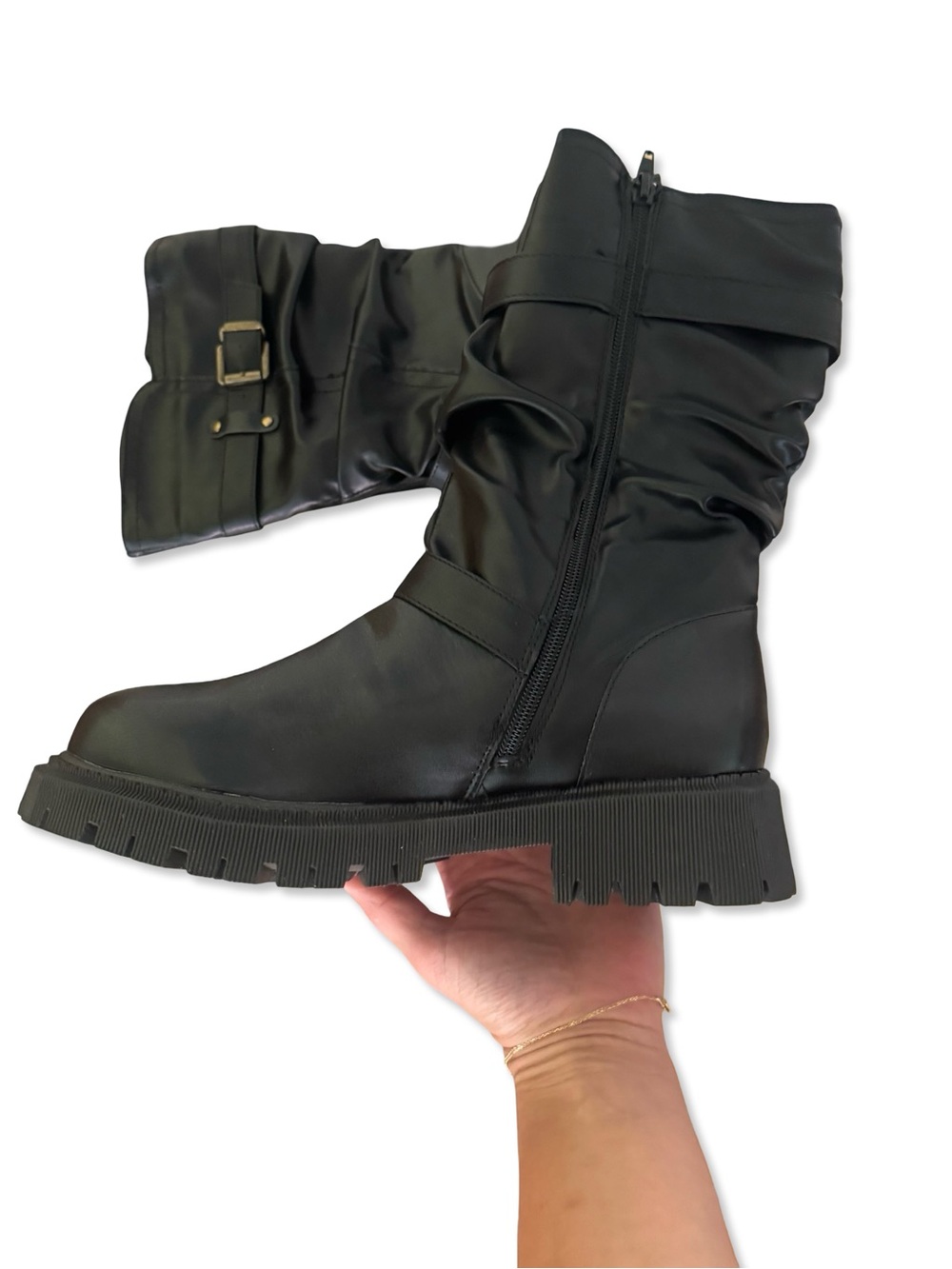 Black Moto Combat Boots Buckle Strap Lug Sole Mid Calf NWOT - Picture 5 of 11
